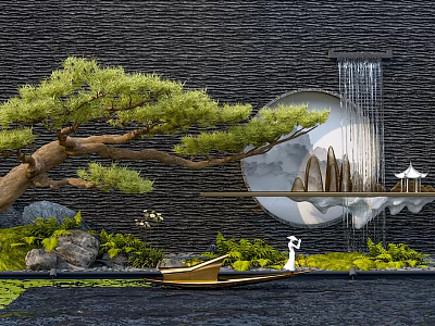 Traditional Chinese Garden Landscape With Dark Stone Wall Waterfall And Pine Tree 3d model