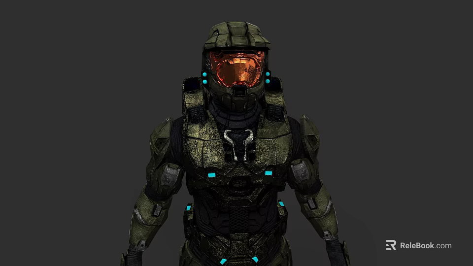 Game Movie Character In Sci Fi Combat Armor With Orange Visor And Blue Glowing Details 3d model 