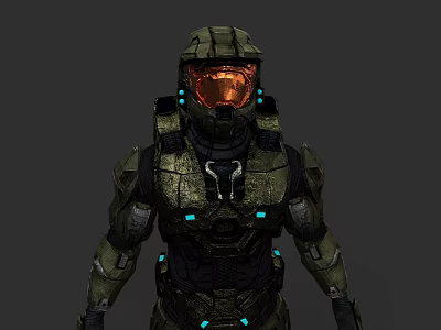 Game Movie Character In Sci Fi Combat Armor With Orange Visor And Blue Glowing Details 3d model
