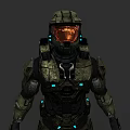 Game Movie Character In Sci Fi Combat Armor With Orange Visor And Blue Glowing Details
