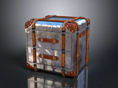 Silver Storage Trunk With Two Drawers Brown Leather Handles And Leather Edge Trim 3d model