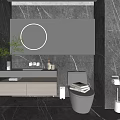 Hotel Bathroom Interior With Round Backlit Mirror Modern Vanity Marble Walls And Toilet