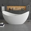Modern White Freestanding Bathtub In Bathroom With Grey Walls And Towels