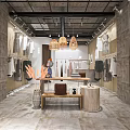 Modern Clothing Store Interior With Fashion Apparel Hanging Racks And Decorative Display Tables
