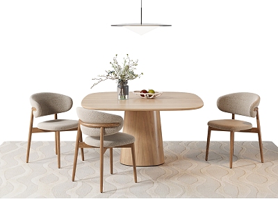 Simple Dining Table and Chair Cream Style Nordic Dining Table Carpet Potted Fruit Ornaments Chandelier 3d model