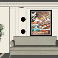 Modern Living Room Featuring Light Gray Sofa Abstract Painting Wall Lamps And Potted Plant