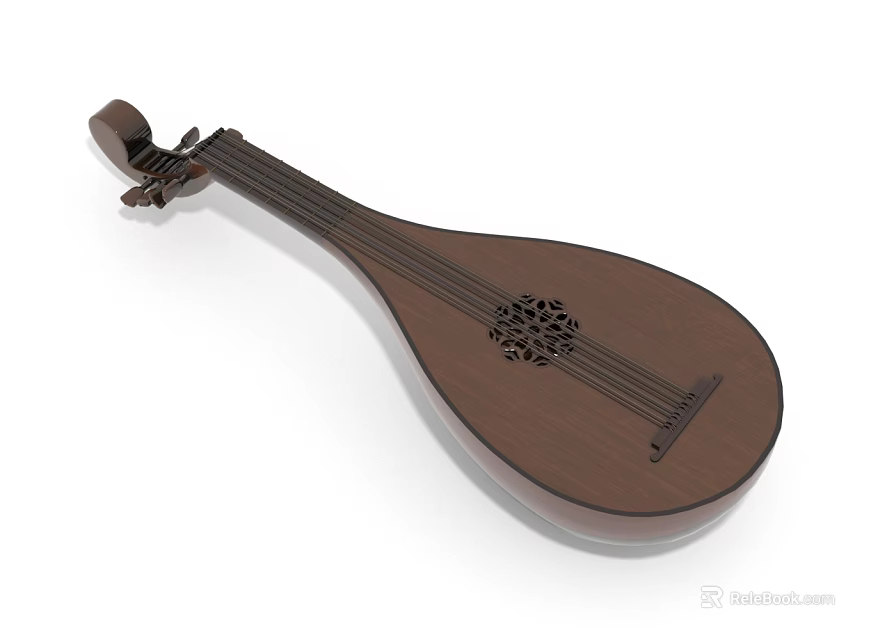 Traditional Wooden Pipa Musical Instrument With Brown Carved Design And Smooth Finish 3d model 