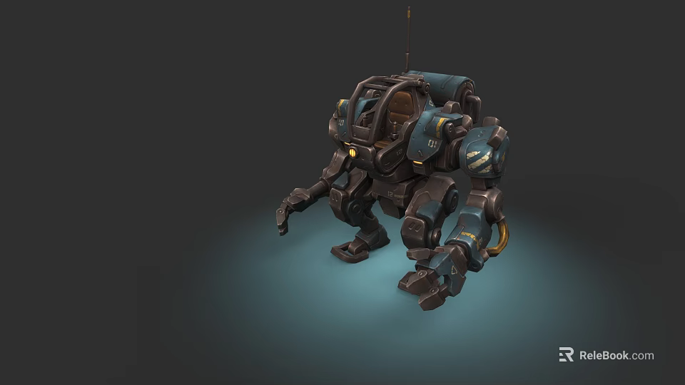 Game Cinematic Mech Character With Dark Blue Armor Multi-Jointed Limbs And Yellow Lights 3d model 