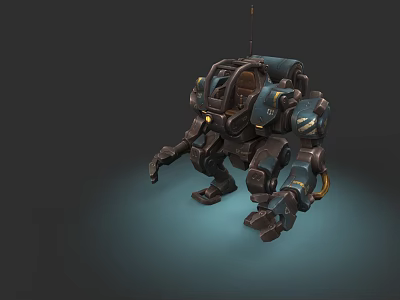 Game Cinematic Mech Character With Dark Blue Armor Multi-Jointed Limbs And Yellow Lights 3d model