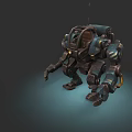 Game Cinematic Mech Character With Dark Blue Armor Multi-Jointed Limbs And Yellow Lights