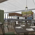Modern Restaurant Interior Design With Wooden Dining Tables Green Chairs And Hanging Pendant Lights
