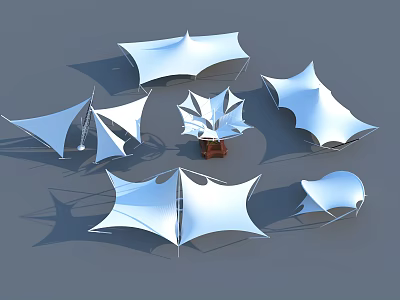 Multiple Tensile Membrane Structures Featuring Various Geometric Shapes And White Architectural Design 3d model