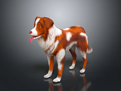 Brown and White Dog Standing with Tongue Out on Gray Background and Reflective Floor 3d model