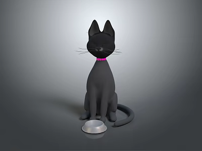 Black Cat Wearing Pink Collar Sitting Next to Silver Bowl on Gray Background 3d model