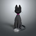 Black Cat Wearing Pink Collar Sitting Next to Silver Bowl on Gray Background