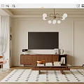 Modern Living Dining Room Interior With Wooden TV Cabinet Spherical Pendant Light And Patterned Rug