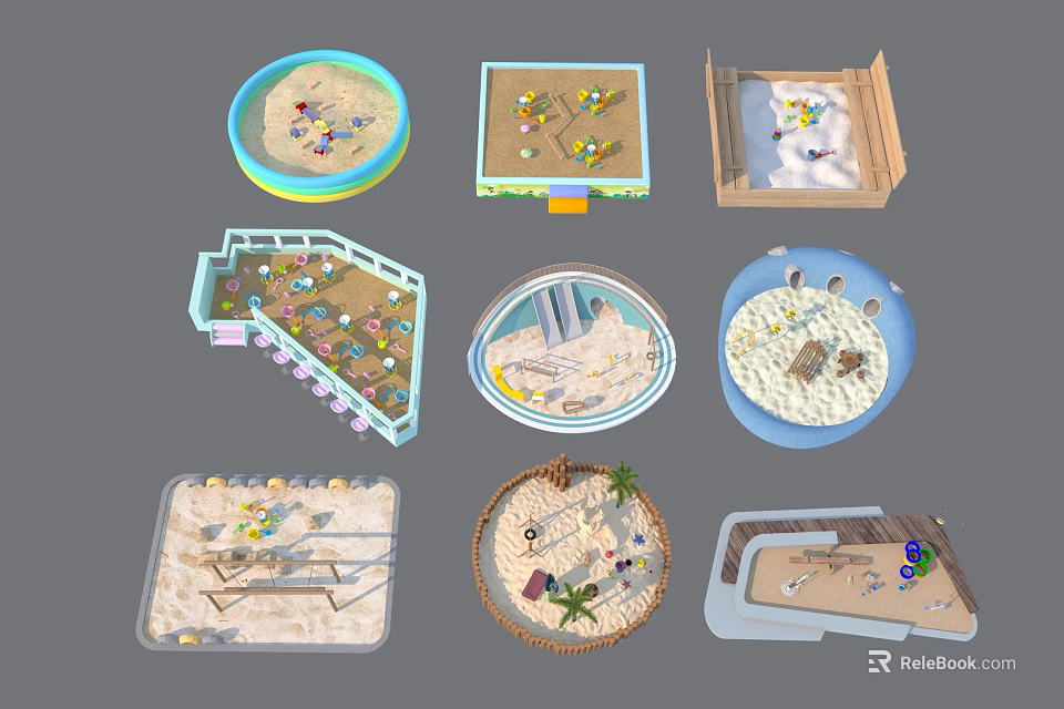 Children's Play Area With Different Shaped Sandpits And Colorful Play Toys 3d model 