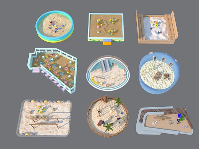 Children's Play Area With Different Shaped Sandpits And Colorful Play Toys 3d model
