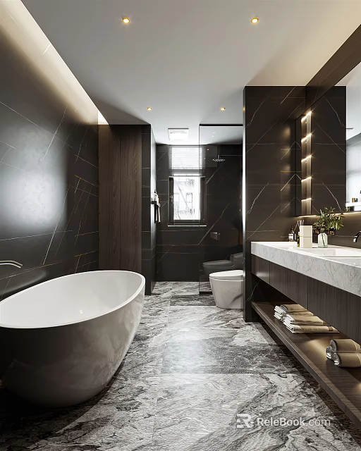 Modern Bathroom Interior With Dark Tile Walls White Bathtub Toilet And Marble Vanity 3d model 