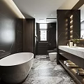 Modern Bathroom Interior With Dark Tile Walls White Bathtub Toilet And Marble Vanity