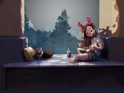 Cute Game Character In Red Antler Headband Sitting On Bench With Kitten Teacup And Plate 3d model