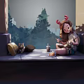 Cute Game Character In Red Antler Headband Sitting On Bench With Kitten Teacup And Plate