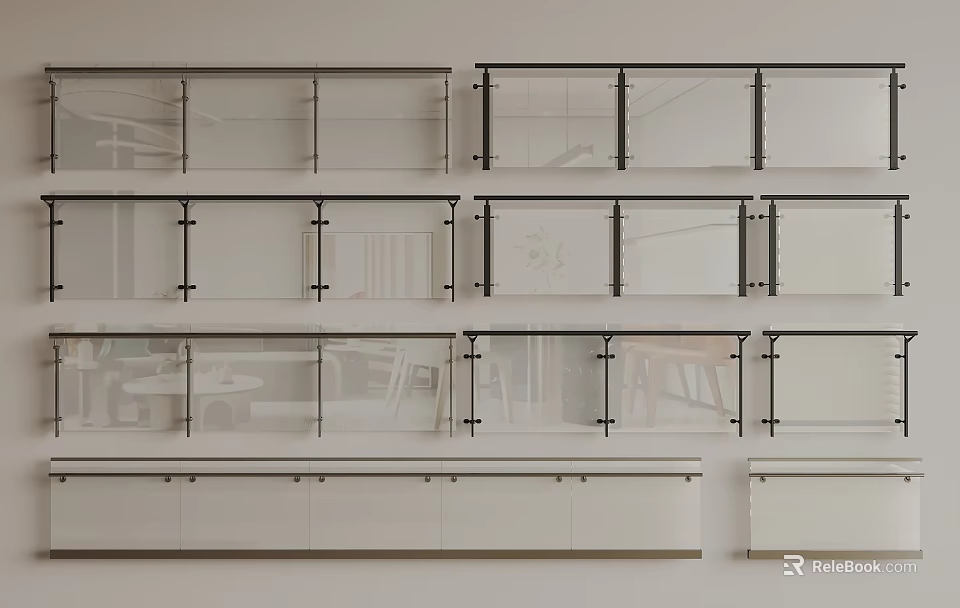 Various Modern Glass Railings With Black Frames And Multiple Panel Designs 3d model 
