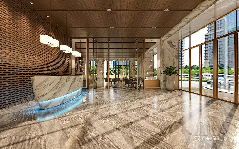 Elegant Modern Hotel Lobby with Marble Flooring Reception Desk Chandeliers Glass Windows and Indoor Plants 3d model 