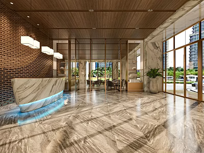 Elegant Modern Hotel Lobby with Marble Flooring Reception Desk Chandeliers Glass Windows and Indoor Plants 3d model