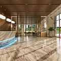 Elegant Modern Hotel Lobby with Marble Flooring Reception Desk Chandeliers Glass Windows and Indoor Plants