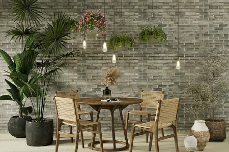 Industrial style coffee shop rest area negotiation table and chair industrial style milk tea shop green plant pile outdoor table and chair landscape sketch 3d model