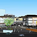 Modern Commercial Street Featuring Varied Building Roofs Open Spaces And Walkways