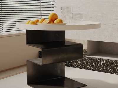 Modern Side Table with White Top and Black Spiral Base Holding Fruit Plate and Glasses 3d model
