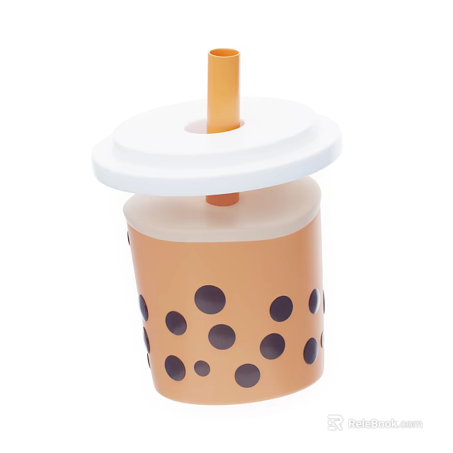 Delicious Bubble Tea in Brown Cup with Black Polka Dots White Lid and Orange Straw 3d model 