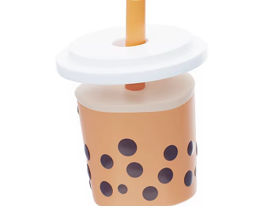 Delicious Bubble Tea in Brown Cup with Black Polka Dots White Lid and Orange Straw 3d model