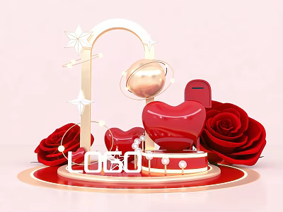 Photo Check In Spot With Red Roses Heart Decorations Golden Arch And Stars 3d model
