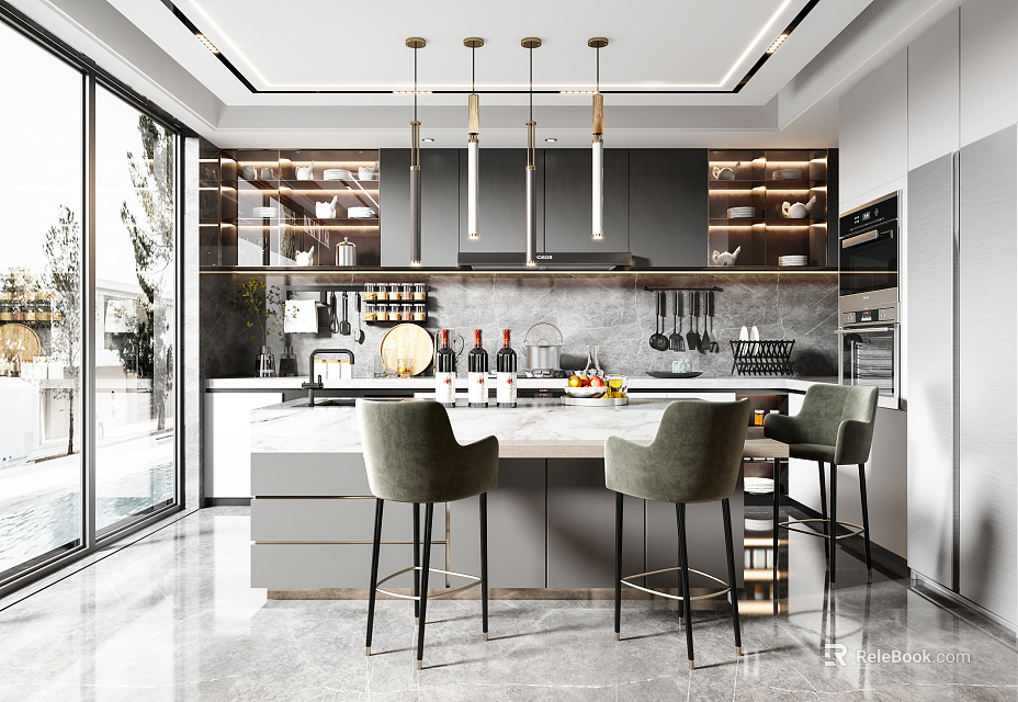 Modern Kitchen Interior With Island Bar Stools Cabinets And Pendant Lights 3d model 
