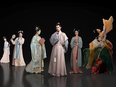 Group of People in Traditional Chinese Hanfu with Various Poses and Flowing Robes 3d model