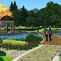 Pergola in Lush Garden with Colorful Trees Stone Pathway and Flowers