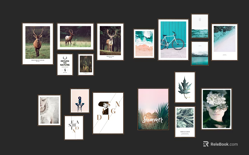 Stylish Decorative Wall Art With Animal Prints Bicycle Nature And Typography Designs 3d model 