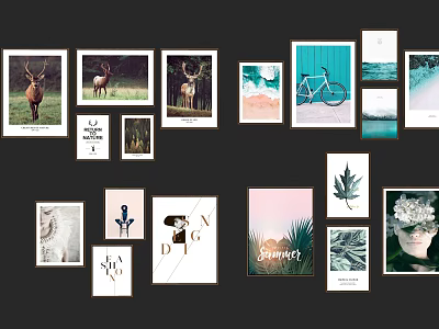 Stylish Decorative Wall Art With Animal Prints Bicycle Nature And Typography Designs 3d model