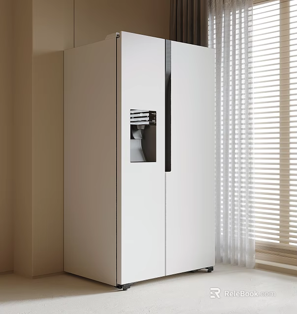 Modern White Double Door Refrigerator With Ice Maker In Room With Window Blinds 3d model