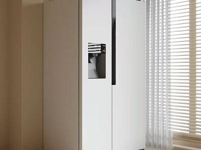 Modern White Double Door Refrigerator With Ice Maker In Room With Window Blinds 3d model
