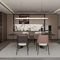 Modern Restaurant Interior With Dining Table Chairs Wine Cabinet Hanging Lights And Marble Backsplash