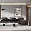 Modern Living Room Interior Design With Leather Sofa Green Chair Floor Lamp And Abstract Painting