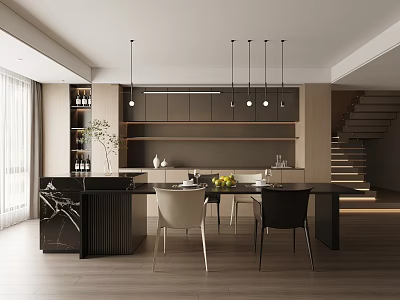 Modern Restaurant Interior With Marble Dining Table Black Chairs Pendant Lights And Wooden Flooring 3d model