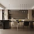 Modern Restaurant Interior With Marble Dining Table Black Chairs Pendant Lights And Wooden Flooring
