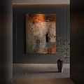 Abstract Painting with Textured Surface on Dark Wall and Vase with Green Plants