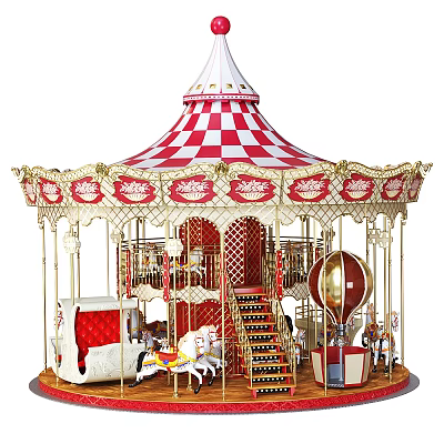 Elegant Carousel Ride Design With Red And White Checkered Roof Golden Decorations And White Horses 3d model