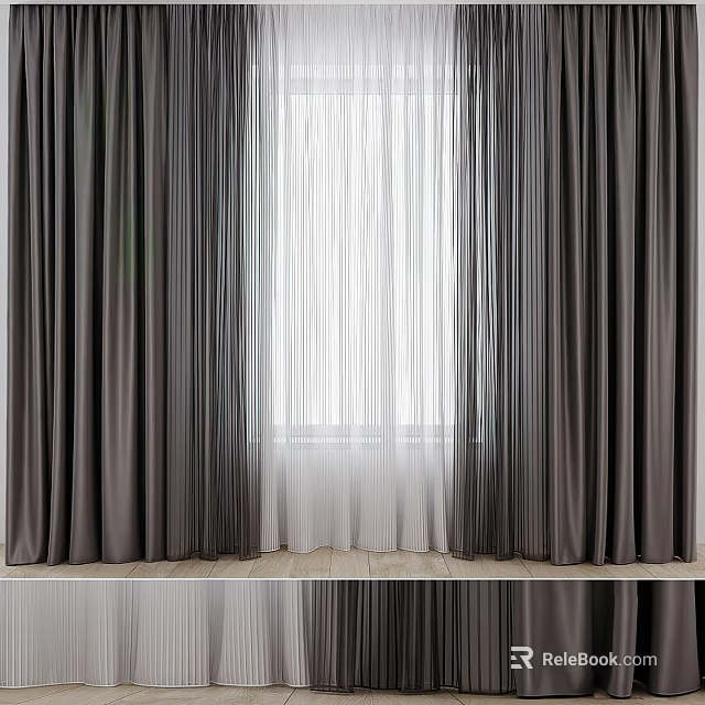 Gray Layered Curtains with Sheer Inner Panel for Bright Window Interior Design 3d model 